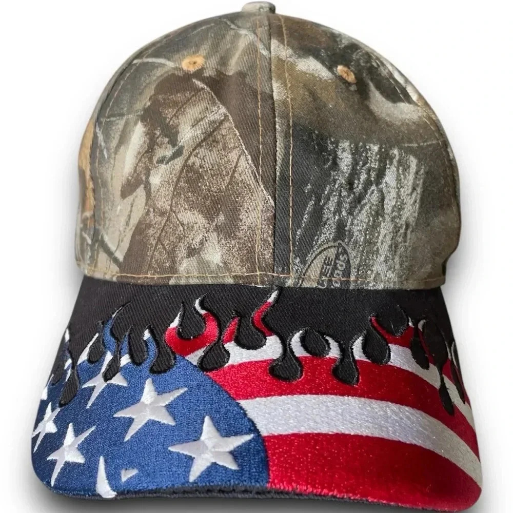 Realtree Camouflage‎ Embroidered Flames Hat Patriotic American Flag USA Fire Hat